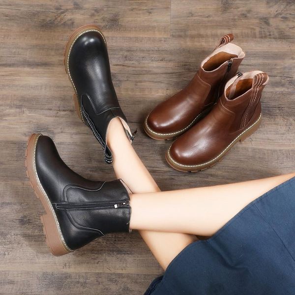 

boots heel leather short women's art zipper autumn winter 2021 mid round head shoes, Black
