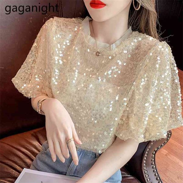 

summer fashion sequined t shirt for women solid gauze o-neck loose tshirts short sleeve casual female shiny 210601, White