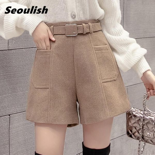 

women's shorts seoulish autumn winter woolen women with belted 2021 solid casual high waist office wide leg trousers female pockets, White;black