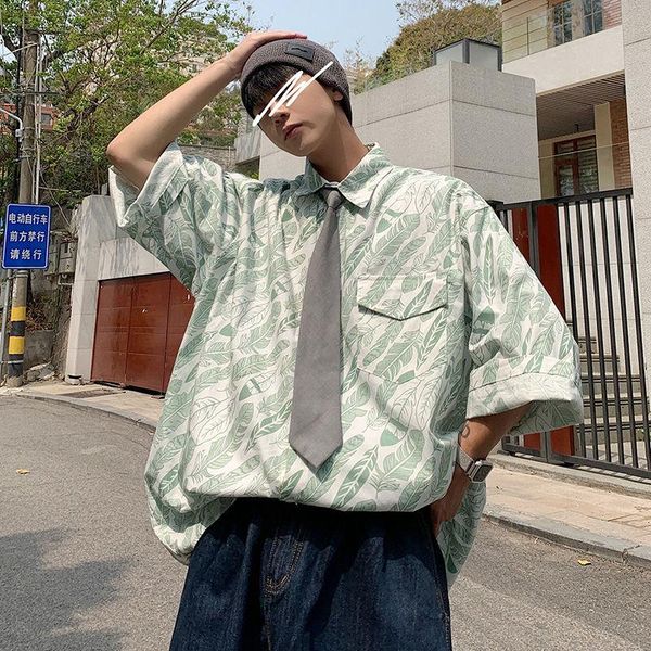 

men's casual shirts summer leaf print shirt men korean fashion loose harajuku streetwear social five-point sleeve -2xl, White;black