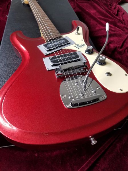 

rare 1966 ventures mosrite metallic red electric guitar tremolo bridge, whammy bar, dual p-90 pickups, vintage tuners, chrome hardware