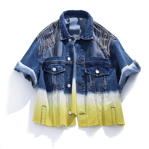 

women's jackets 2021 summer chains tassel tie dye print big oversize outwear denim gradient, Black;brown