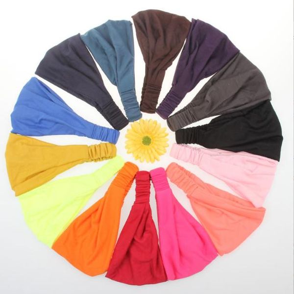 Neue Damen Solid Elastic Wide Stretch Sommer Strand Sport Stirnbänder für Yoga Biker Erwachsene Dame Stirnband 18 Farben Baumwolle Turban Bandana