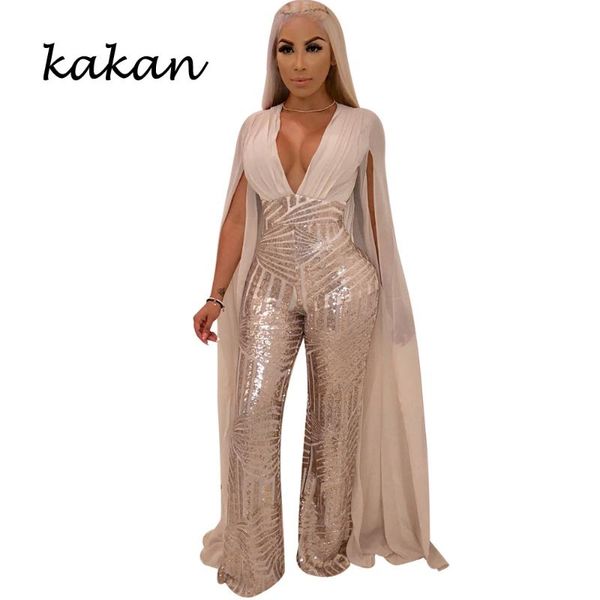 

women's jumpsuits & rompers kakan 2021 spring sequins one-piece tights deep v-neck chiffon bodysuit irregular backless hollow jumpsuit, Black;white
