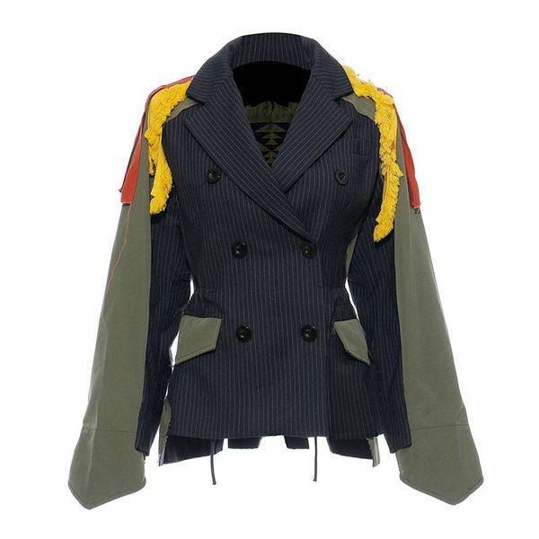 

women's jackets patchwork autumn coats lapel collar long sleeve tunic tassel female embroidery hit color jacket, Black;brown