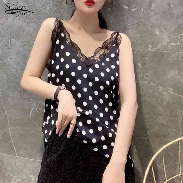 

summer satin polka dot blouse women casual lace v neck pullover women's shirts blusas mujer de moda 9751 210508, White