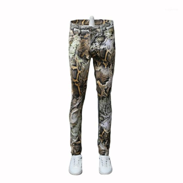 

men's jeans 2021 fashion serpentine printed male coloured drawing trousers flower pants mens skinny classic snake grain, Blue