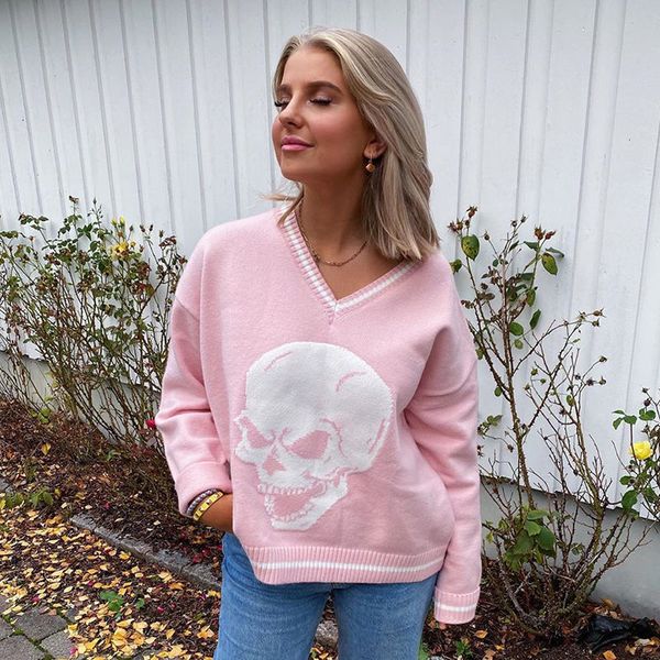 

women's sweaters suÃ©ter solto com gola v estilo escolar, pulÃ´ver de malha escolar streetwear primavera caveira mulheres y2k roupas hrjd, White;black