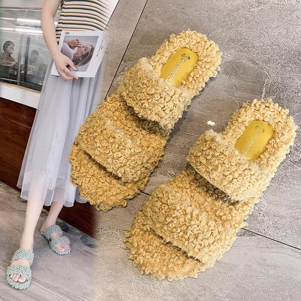 

slippers open toe indoor shallow fluffy fur women flat with ladies slides leisure solid winter shoes, Black