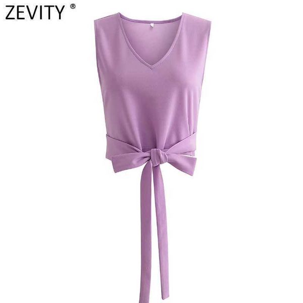 

zevity women simply v neck hem bow tied chic purple camis tank ladies sleeveless vest slim t-shirt casual crop ls9012 210603, Red;black