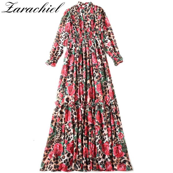 

dresses fashion runway spring autumn women stand collar petal sleeve flower leopard print high elastic waist boho beach long, Black;gray