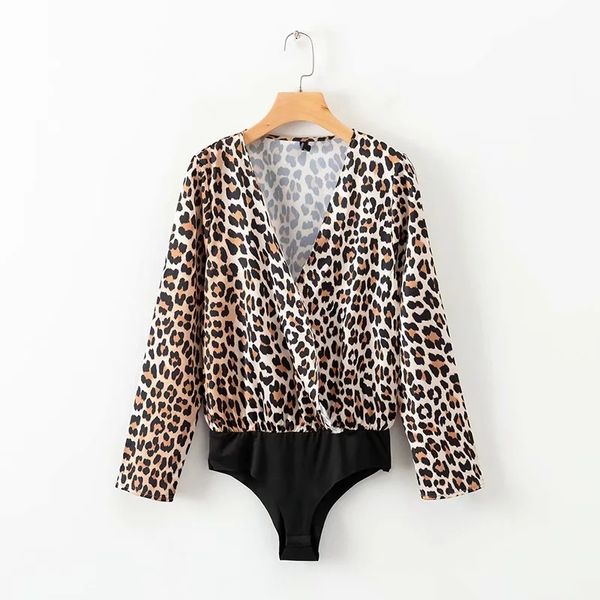 

cross v neck leopard print splicing bodysuits jumpsuits casual conjoined shorts fashion women long sleeve siamese pants p608 210430, Black;white