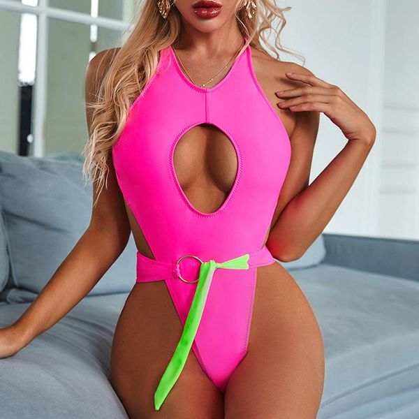 

misswim high cut swimsuit one piece female pink swimwear women hollow out bodysuit monokini belt bathers one-piece suits