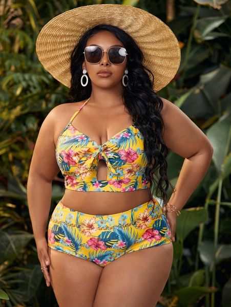 

plus floral print knot front bikini swimsuit 79q9#, Black