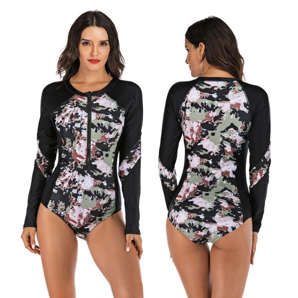 

one-piece suits women uv sun protection long sleeve rash guard wetsuit swimsuit one piece floral printed swimwear bathing suit rashguards