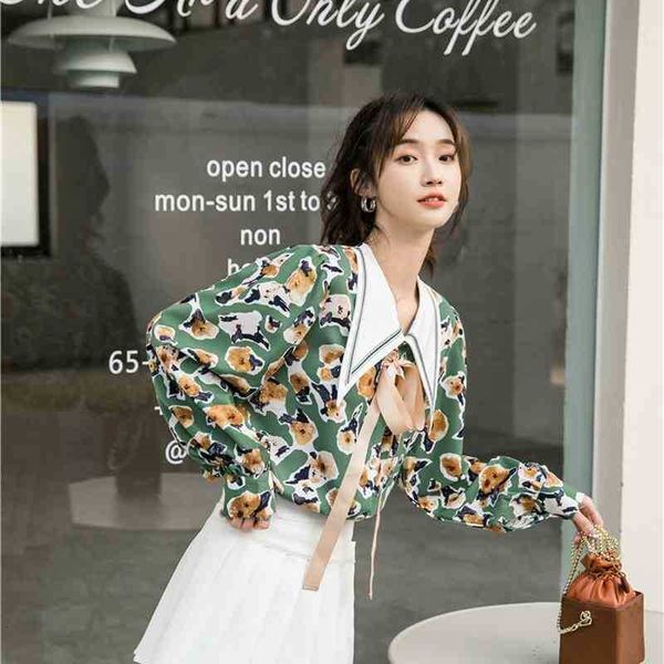 

women's two piece pants spring vintage puff sleeve korean blouse button up long collar shirt bow green print designer to tsko, White