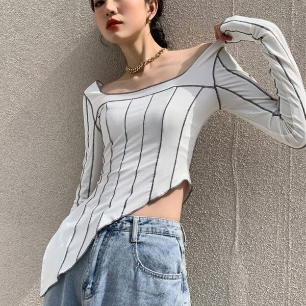 

women's t-shirt 2021 fashion t shirt women contrast stitch tshirt casual long sleeve asymmetrical square neck striped designer s095, White