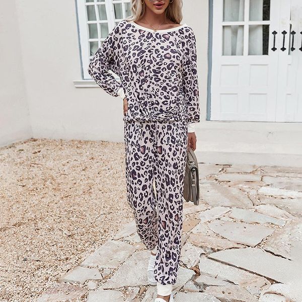 

2021summer women set leopard print two piece suit loose long sleeve o-neck t shirt casual trousers female suits women's pants, White