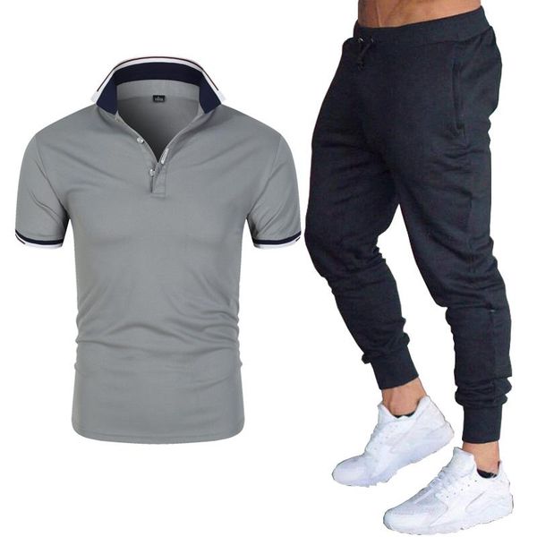 

men's tracksuits 2021 summer shirt short sleeve suit casual breathable pure color business slim fit, Gray
