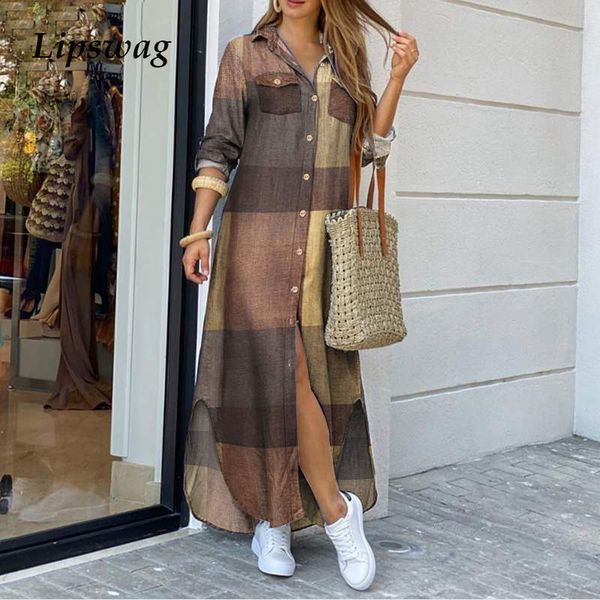 

collar women shirt turn-down summer elegant button party casual spring long sleeve beach maxi dress vestido t200914, Black;gray