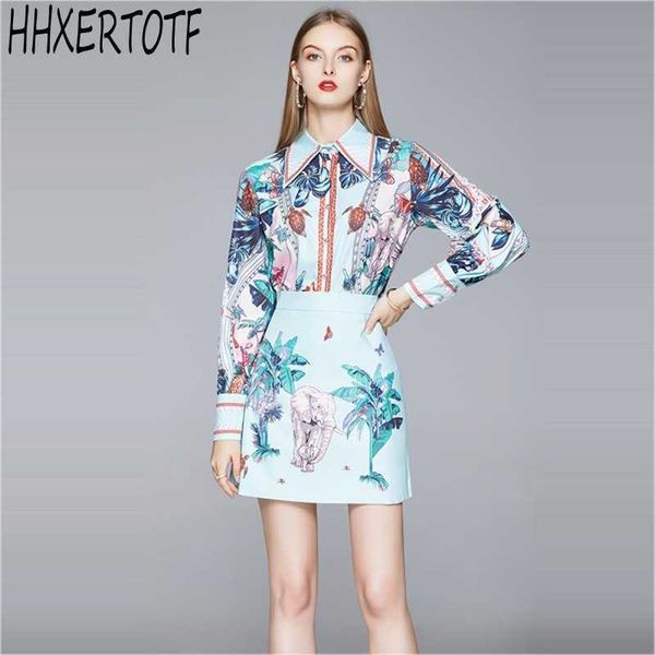 

autumn runway fashion suit women's vintage printed long sleeve blouse + high waist mini skirt two pieces set 210531, White