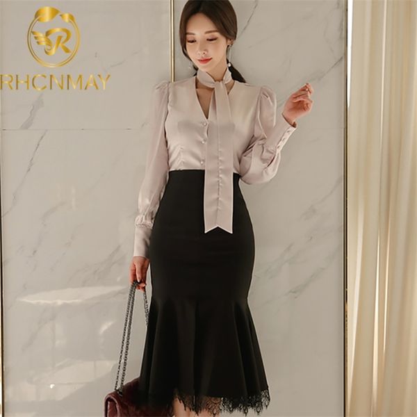 Elegante donna coreana in due pezzi Camicia a maniche lunghe con scollo a V sexy e gonna a tubino a vita alta Set Fashion Office Lady Suit S-XL 210506