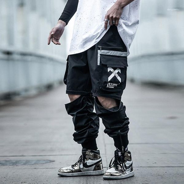 

men's pants woman/men's clothes harajuku removable overalls male beam wind comfortable reflective function lovers cargo pants1, Black