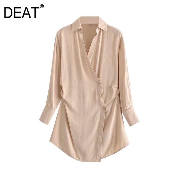 

casual dresses [deat] summer 2021 fashion tide single-breasted turn-down collar long sleeve solid color asymmetry mini dress women 13q820, Black;gray