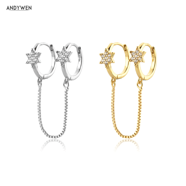 

hoop & huggie andywen 925 sterling silver gold star zircon cz huggies chain hoops earring circle pendiente luxury jewelry for women fashion, Golden;silver