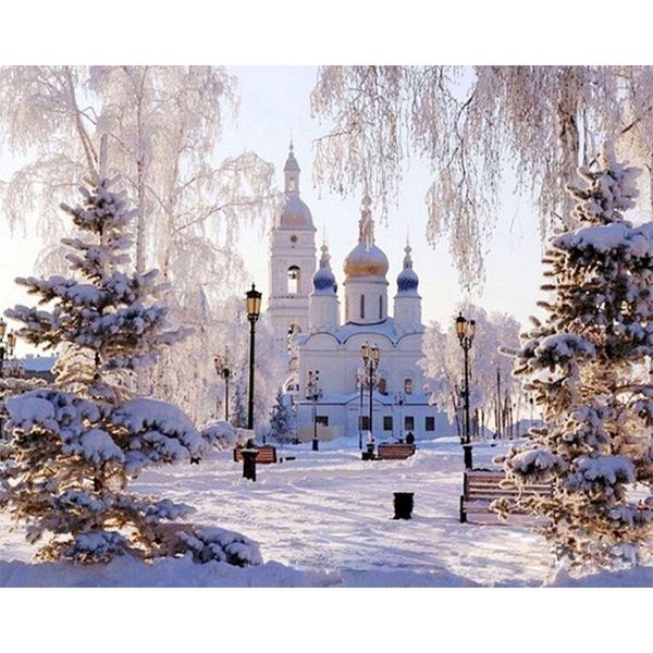 

paintings selilali snow castle landscape painting by numbers kits for adults hand made oil picture number acrylic pigment draw wall-art