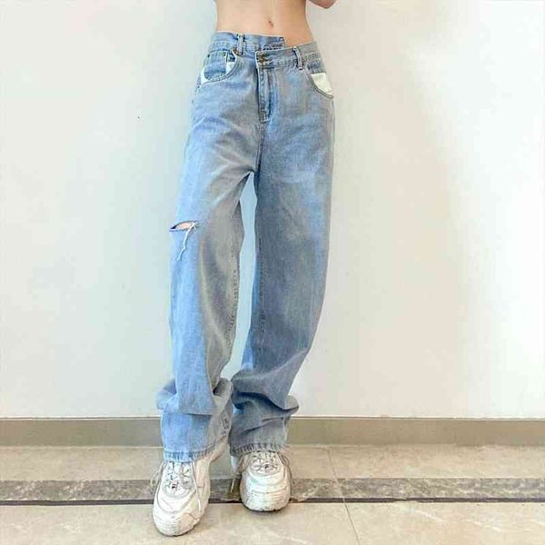 

autumn fashion wide leg baggy women jeans vintage clothing high street wear trousers girls ripped pants for female, Blue