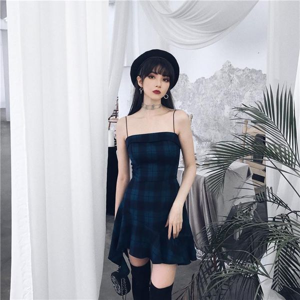 

casual dresses spring autumn preppy style gothic girls sling dress bluish green temperament plaid women sleeveless mini short, Black;gray