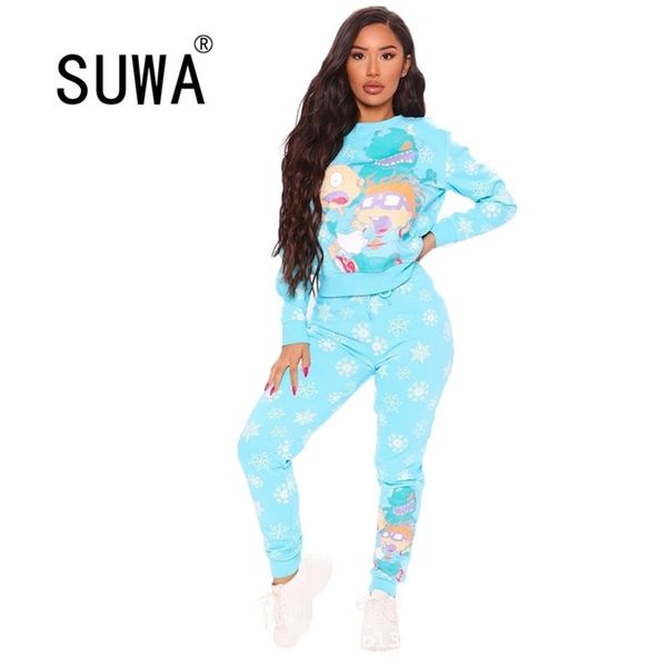 Trendy Chic Cartoon Impresso Outfits Casual para Mulheres Dois Parte Sets Manga Longa Suéter Top Alta Cintura Calças Loungewear 210525