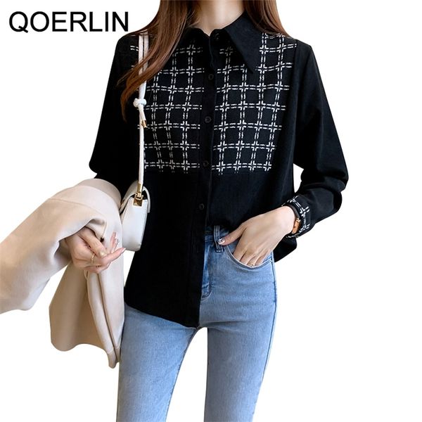 

plus size soft stitching plaid blouse women vintage full sleeve turn-down collar loose casual shirt jacket ladies s-2xl 210601, White