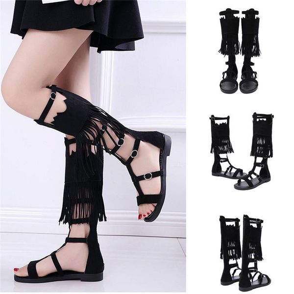 

women's sandals fashion zipper roman high tube straps hollow long tassel, Black