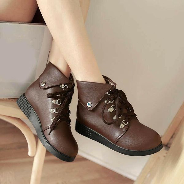 

boots plus size motorcycle biker women lace up non-slip flats riding ankle, Black