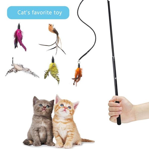 

cat toys pet teaser toy feather wand rod mouse with bell catcher stick interactive tug supplies