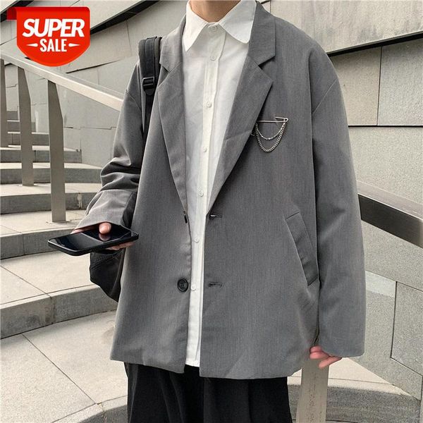 

yemi fashion | hong kong style lapel no slit straight hem blue casual loose solid color suit #uo0v, Black;brown
