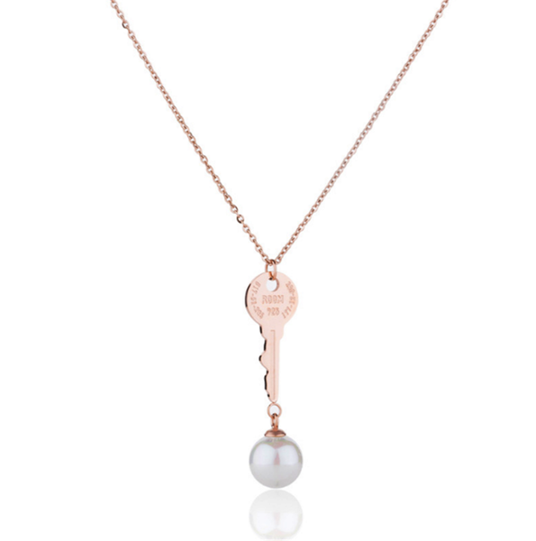 

pendant necklaces 316l stainless steel titanium rose gold key pearl trend necklace, Silver