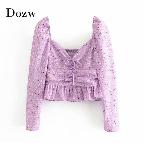 

women chic floral print short blouse puff long sleeve bow tie stylish shirt v neck high street female pleated blouses mujer 210414, White