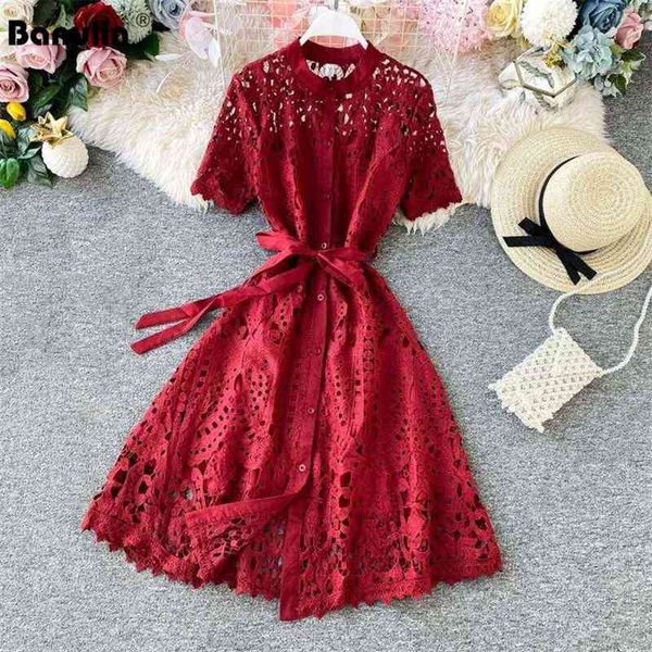 

summer women hollow out lace dress office lady solid o-neck button up sashes mujer casual short sleeve beach party vestidos 210603, Black;gray