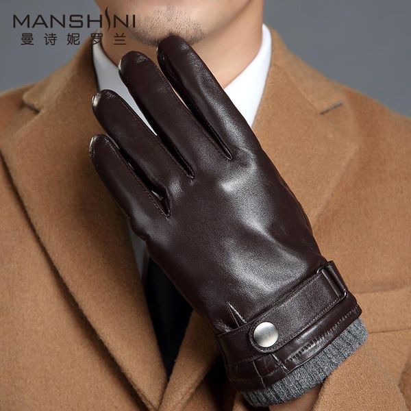 

fingerless gloves winter genuine leather men touch screen add velvet thickening outdoor keep warm sheepskin mlz110, Blue;gray