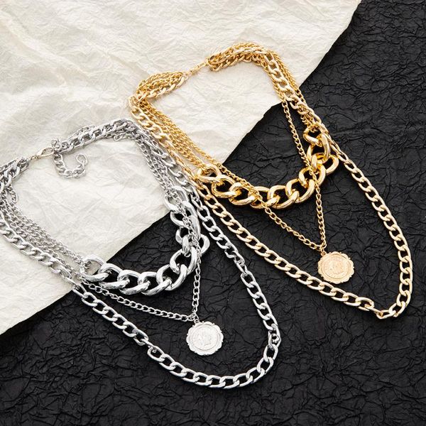 

chokers punk gold portrait coin pendant necklace for women cuban multi layered chunky thick chain choker necklaces gothic jewelry, Golden;silver