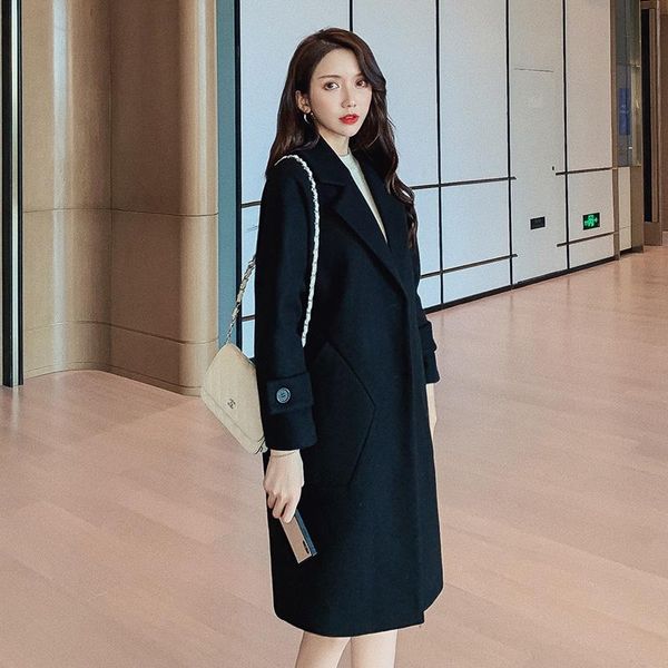

women's wool & blends loose temperament woolen overcoat long web celebrity thin coat, Black
