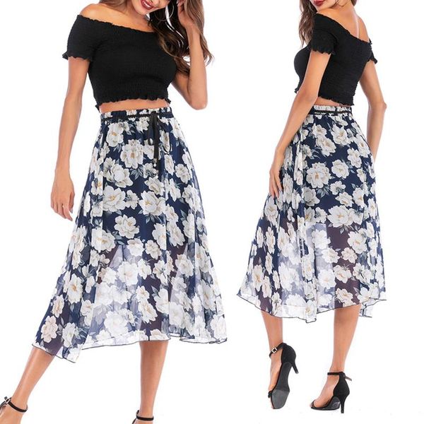 

skirts bohemian chiffon floral ruffle hem wrap print women summer elastic high waist ladies irregular long skirt female, Black