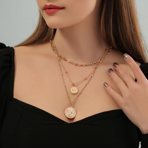 

pendant necklaces fashion link chains multilayer choker necklace women bijoux femme gold color round portrait jewelry, Silver