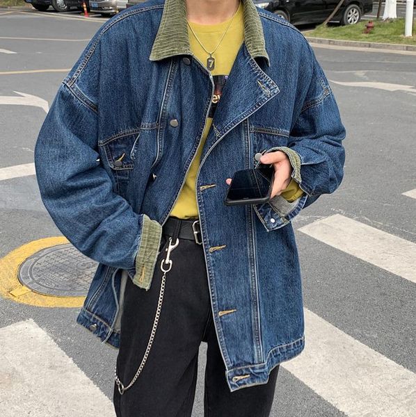 

spring and autumn youth men's loose solid color tooling style denim jacket fashion casual single-breasted jackets, Black;brown