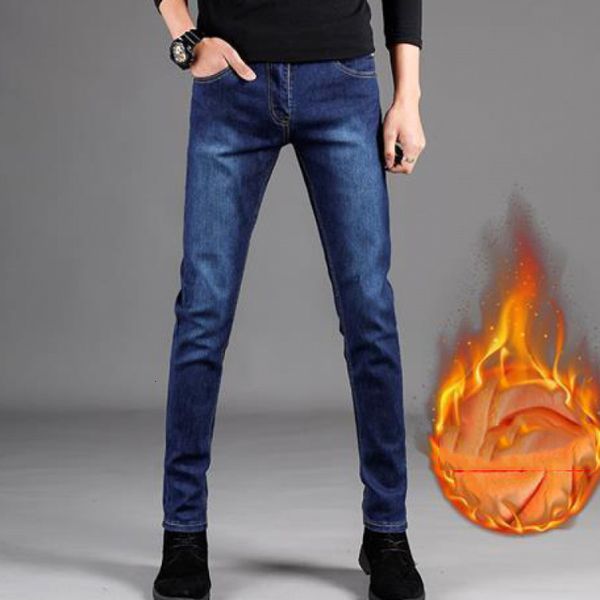 

men's jeans winter fashion teen men's plus veet straight jeans brand washed loose youth classic retro korean casual pencil trouser, Blue