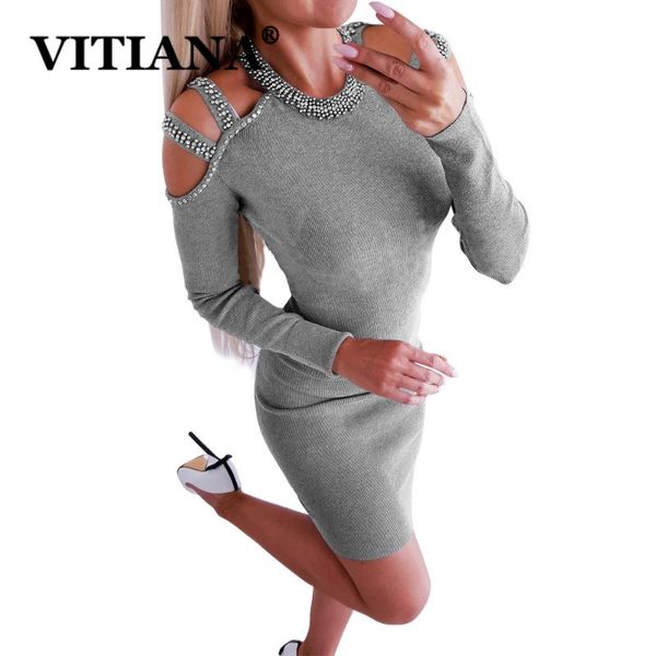 

casual dresses vitiana women party bodycon sweater dress autumn winter 2021 female long sleeve hollow out black clothes, Black;gray