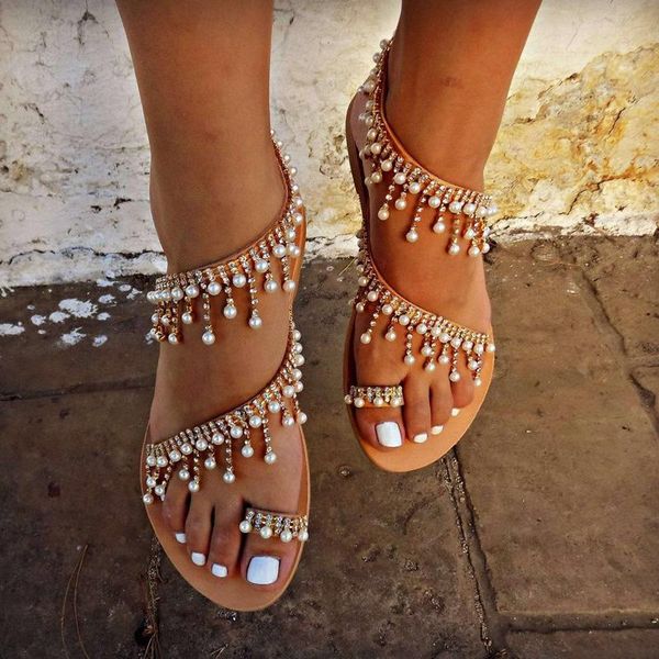 

sandals summer women's roman pearl open toe beaded ankle strap flat shoes woman large size 43, Black
